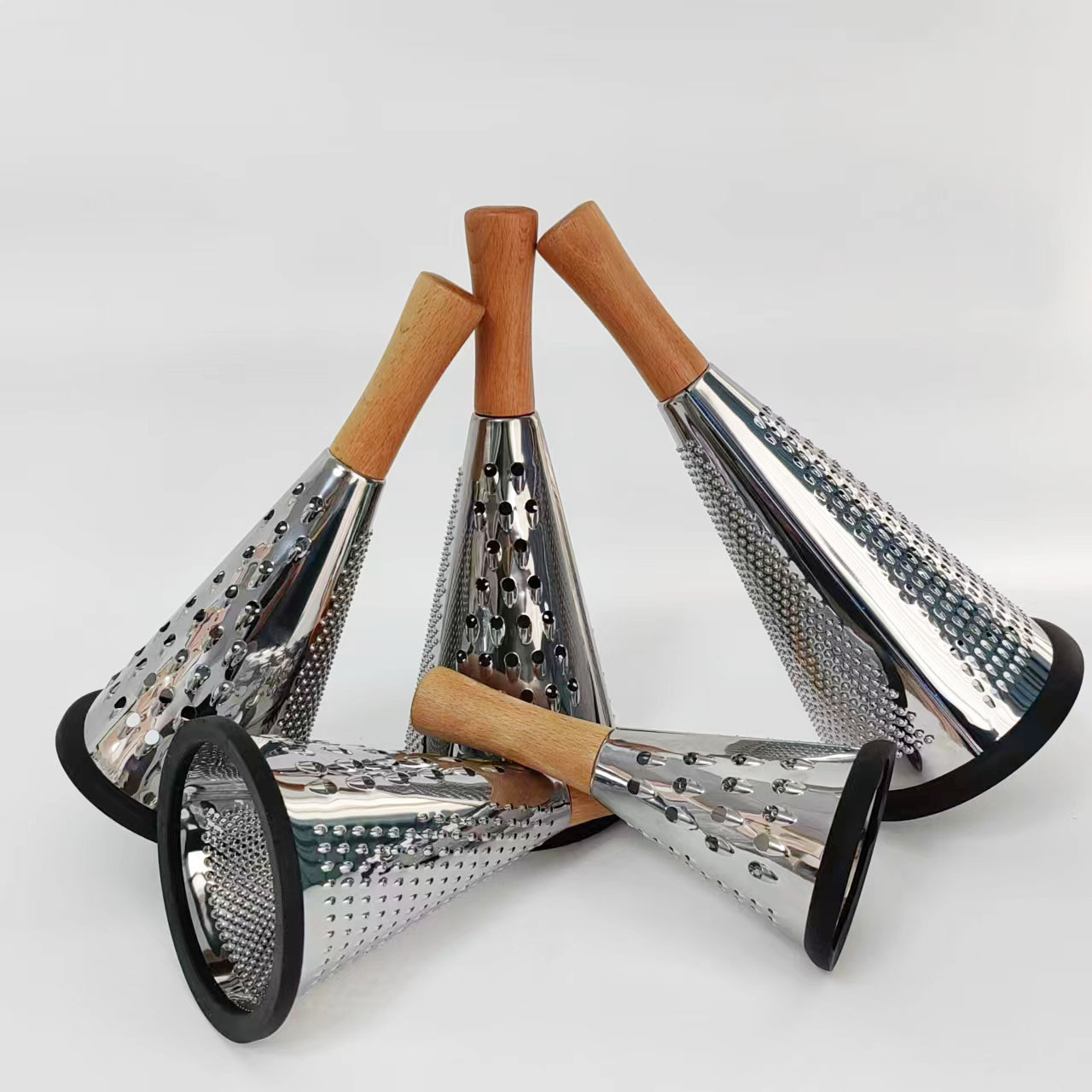 Multi-functional vegetable cutter, wooden handle grater, vertical stainless steel conical grater, three-sided grater, potato grater, cheese grater details Picture