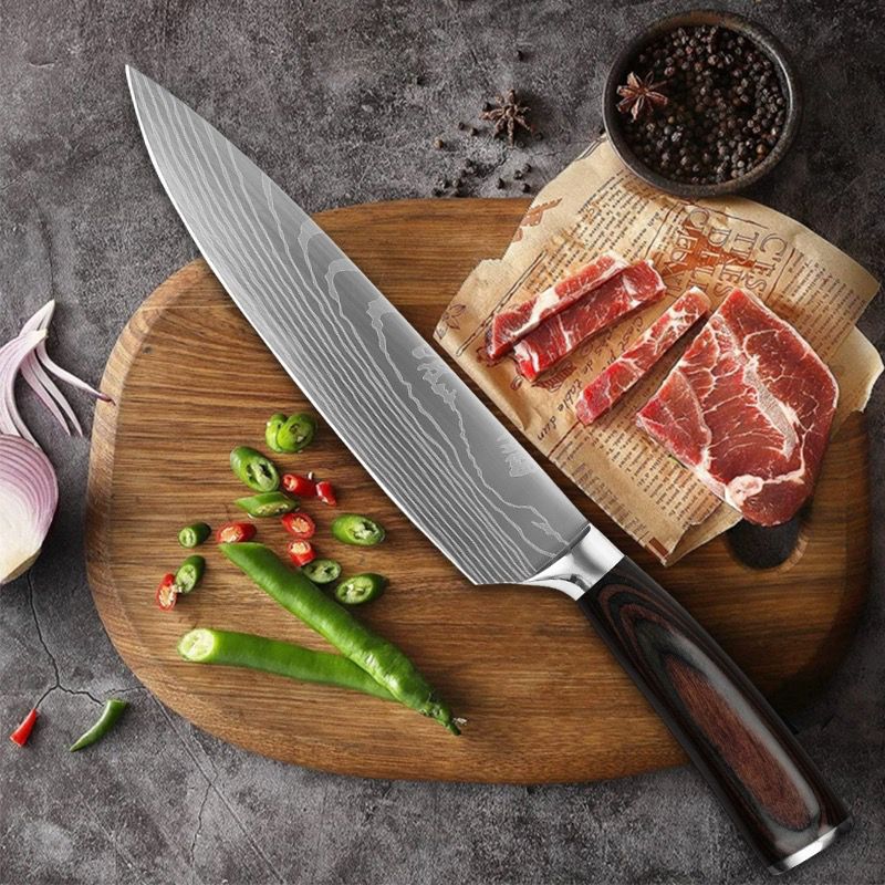 High-quality wood grain Damask pattern fruit household bone-removing stainless steel set combination kitchen sharp slicing details Picture