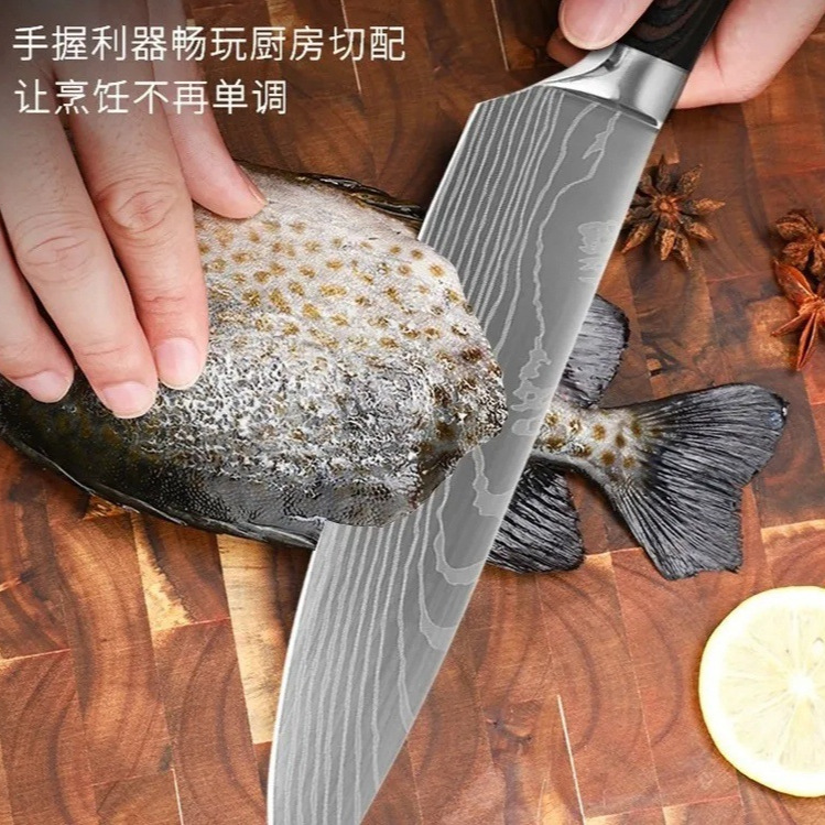 High-quality wood grain Damask pattern fruit household bone-removing stainless steel set combination kitchen sharp slicing Application Scenario