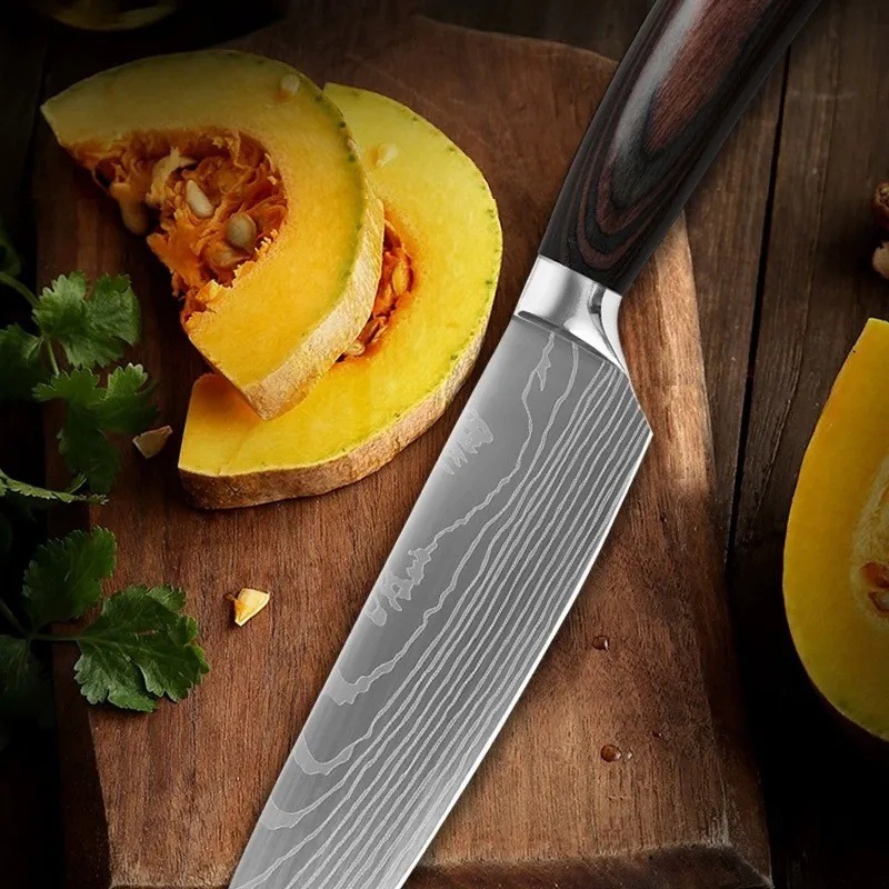 High-quality wood grain Damask pattern fruit household bone-removing stainless steel set combination kitchen sharp slicing Specification drawing