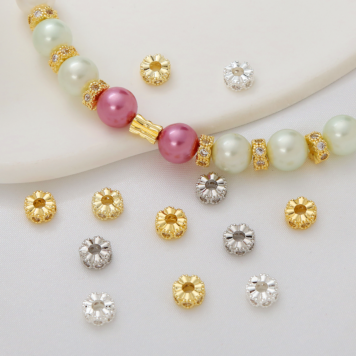 14K color-preserving beads, gold-encrusted with zircon spacers, large-hole beads, DIY bracelet, zircon lace edge gasket Application Scenario