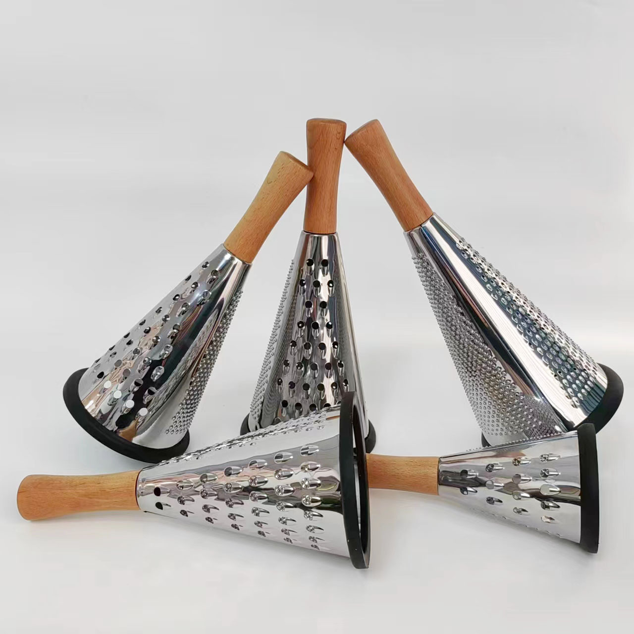 Multi-functional vegetable cutter, wooden handle grater, vertical stainless steel conical grater, three-sided grater, potato grater, cheese grater Specification drawing
