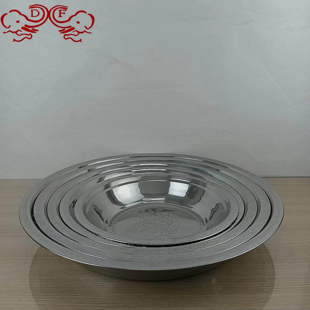 DF99131 stainless steel wide-edge cake plate, with various embossed patterns, multiple specifications and colors to choose from. Fruit plate cake plate, DF TRADINGHOUSE Application Scenario