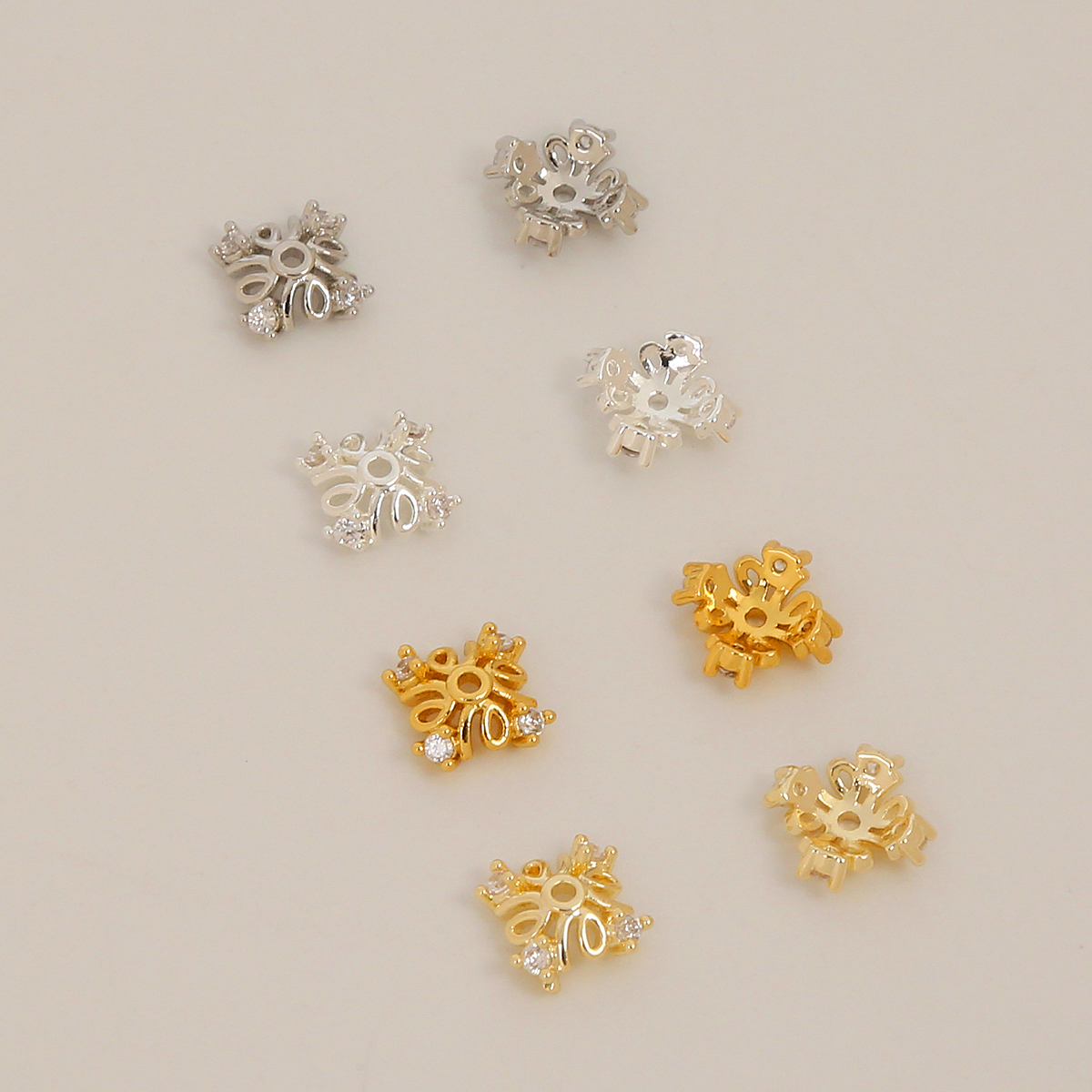 DIY手工串珠配件四叶草珠托14K包金铜四角锆石花托微镶锆石花帽