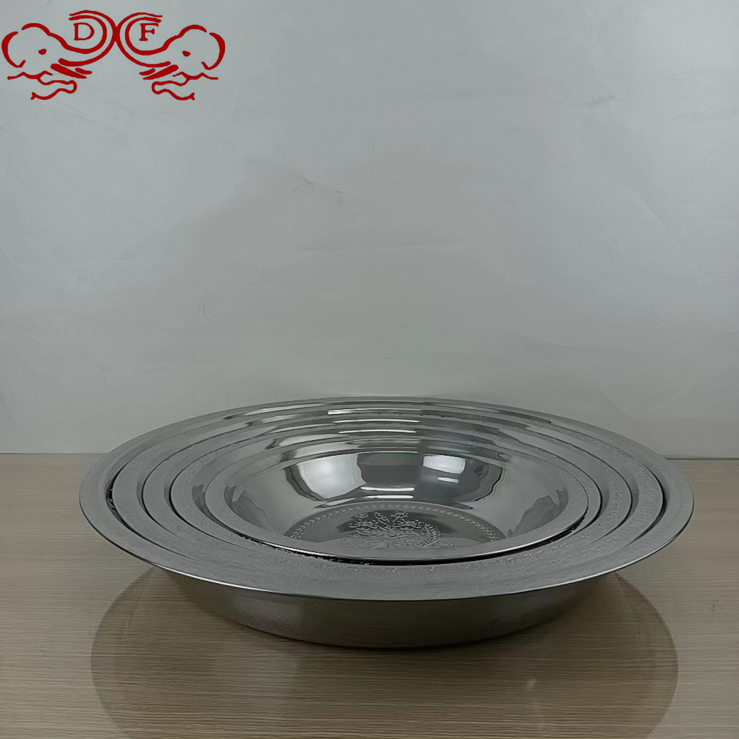 DF99131 stainless steel wide-edge cake plate, with various embossed patterns, multiple specifications and colors to choose from. Fruit plate cake plate, DF TRADINGHOUSE Specification image