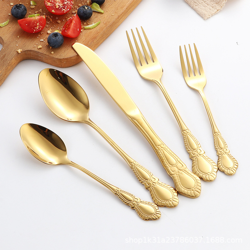 Cross-border imperial court stainless steel knife, fork and spoon, embossed and hollowed-out palace hotel Western cuisine steak knife, fork, dessert spoon tableware details Picture