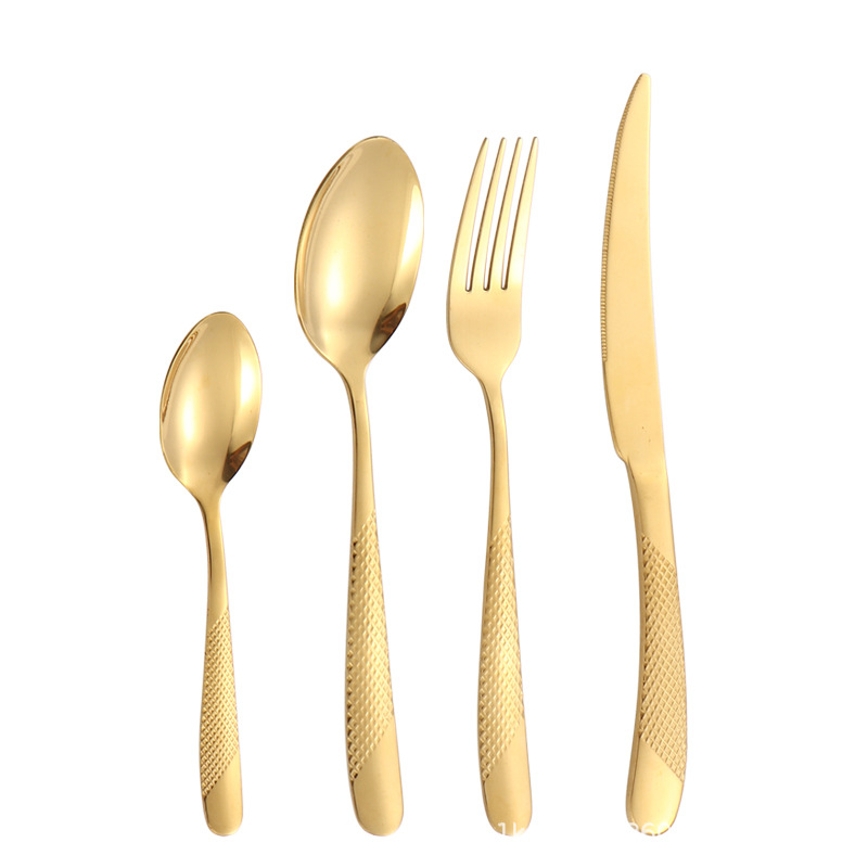 Cross-border Amazon stainless steel star-diamond knives, forks and spoons, high-end golden steak knives, table knives, dessert spoons, French and Western tableware Item Picture