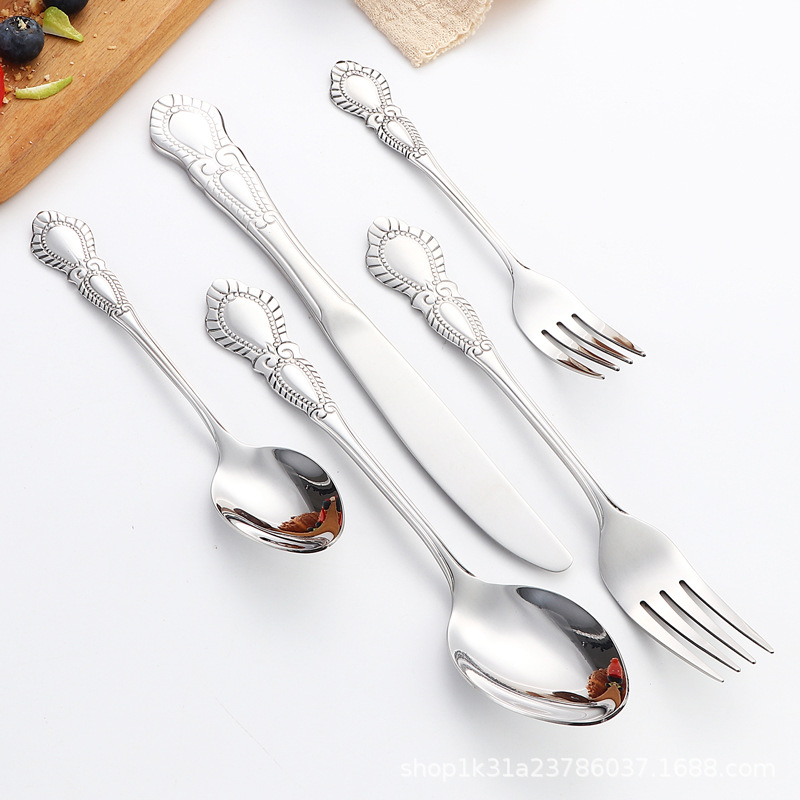 Cross-border imperial court stainless steel knife, fork and spoon, embossed and hollowed-out palace hotel Western cuisine steak knife, fork, dessert spoon tableware Specification drawing