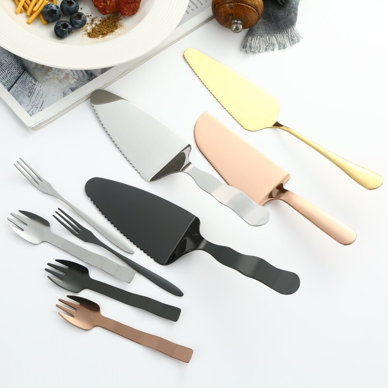 Stainless steel cake knife and fork, dessert fruit fork, multi-functional cheese pizza cake spatula, mooncake knife and fork wholesale full figure