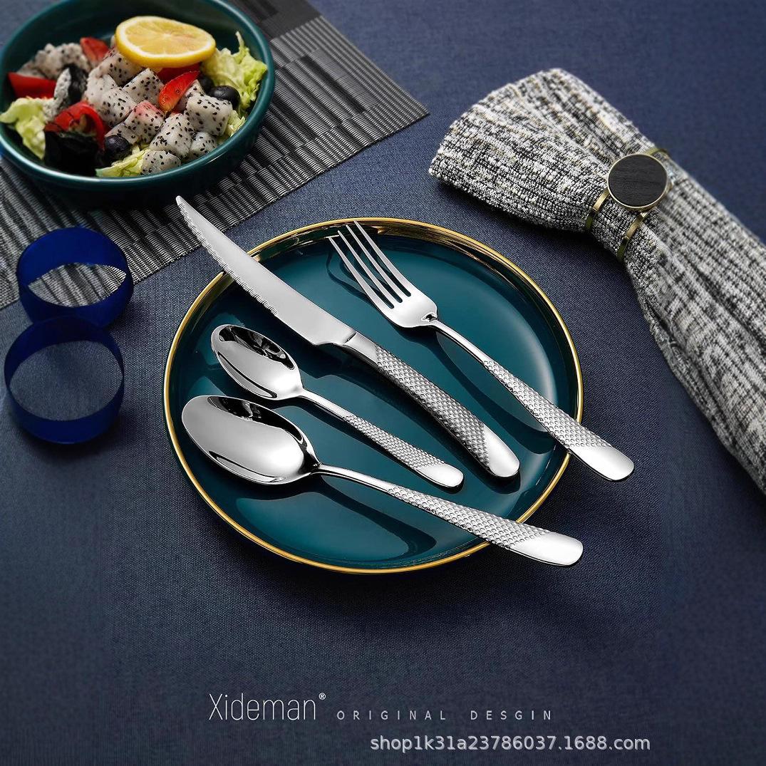 Cross-border Amazon stainless steel star-diamond knives, forks and spoons, high-end golden steak knives, table knives, dessert spoons, French and Western tableware details Picture