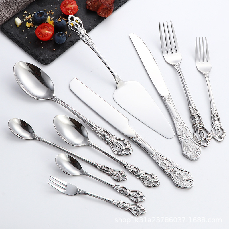 Cross-border Imperial Court relief stainless steel knife, fork and spoon hotel Western cuisine tableware set, mixing spoon, coffee spoon, steak knife Item Picture