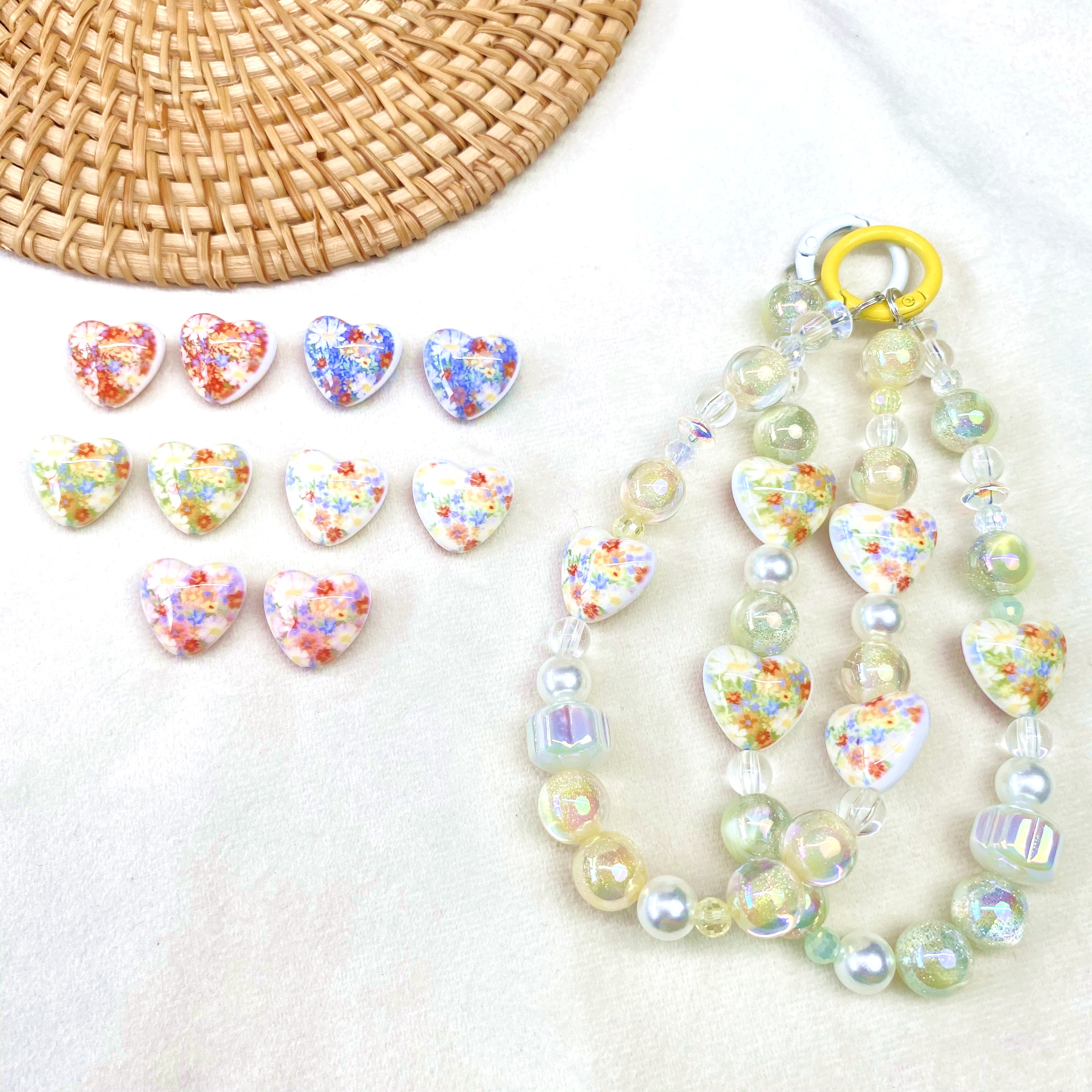亚克力水墨花卉爱心diy/手机链钥匙扣包挂装饰饰品配件材料散珠50颗起批
