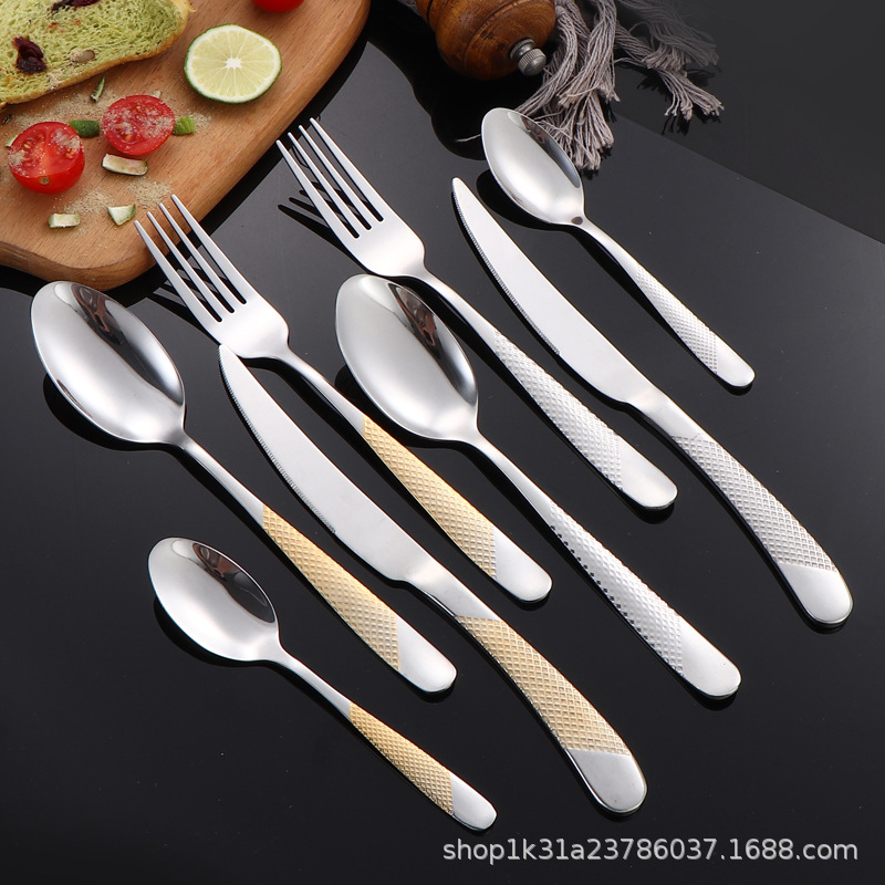 Cross-border Amazon stainless steel star-diamond knives, forks and spoons, high-end golden steak knives, table knives, dessert spoons, French and Western tableware Specification drawing