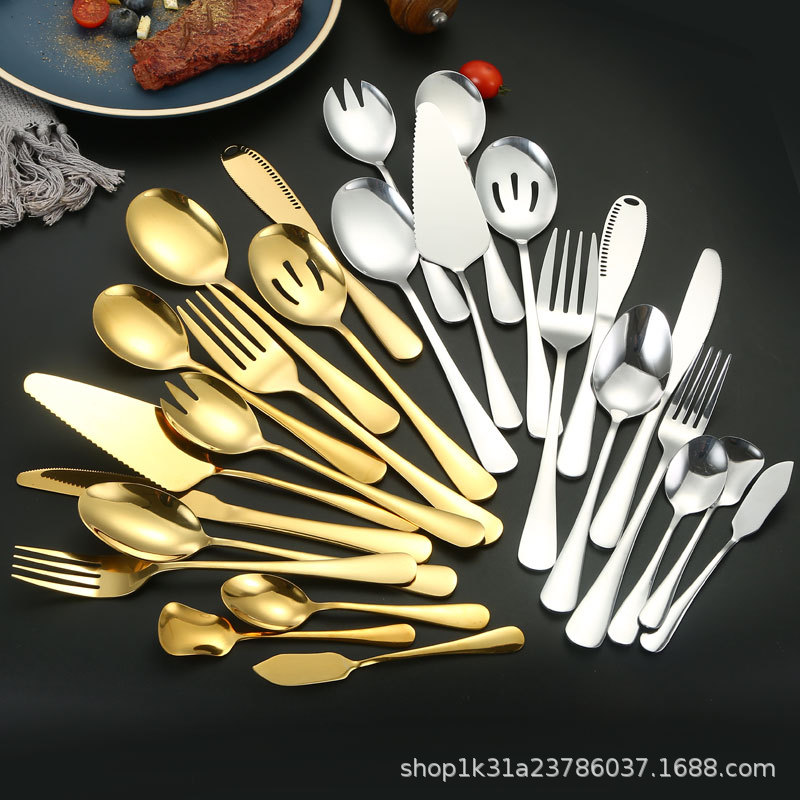 Amazon's best-selling stainless steel tableware public set: knife, fork, spoon, butter knife, cake spatula, service spoon, fork, soup shell, leaky Specification drawing