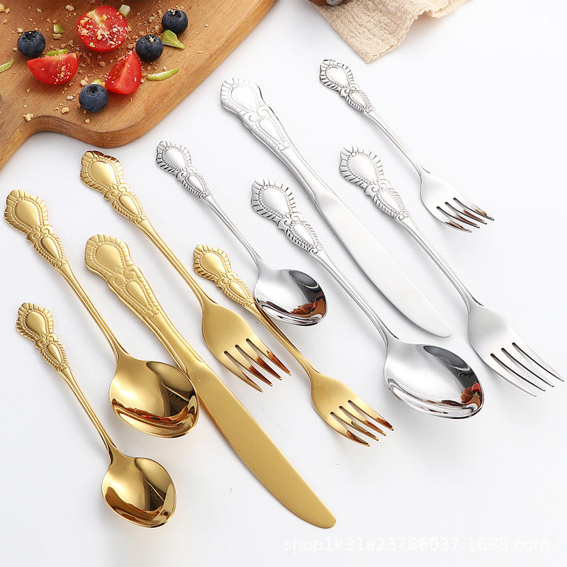 Cross-border imperial court stainless steel knife, fork and spoon, embossed and hollowed-out palace hotel Western cuisine steak knife, fork, dessert spoon tableware full figure