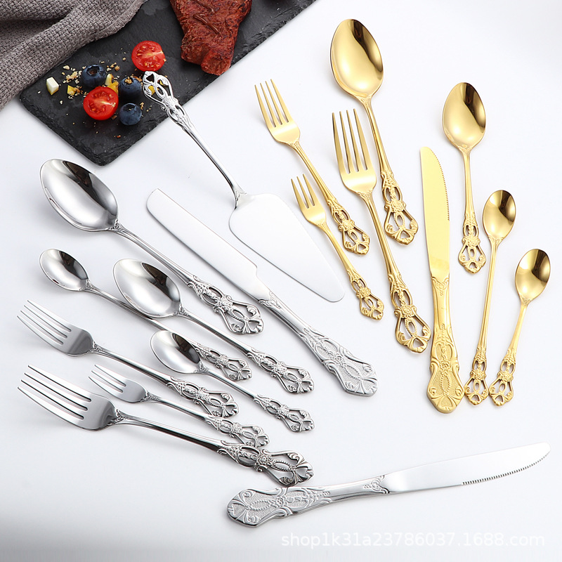 Cross-border Imperial Court relief stainless steel knife, fork and spoon hotel Western cuisine tableware set, mixing spoon, coffee spoon, steak knife details Picture
