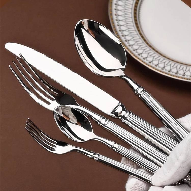 French retro steak knife, fork and spoon set, 304 stainless steel Western tableware, restaurant and hotel Roman column dessert fork and spoon full figure
