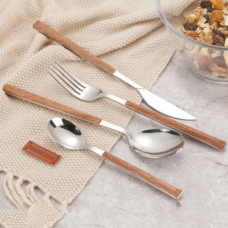 Cross-border imitation wood handle 430 stainless steel knife, spoon and fork set, Japanese-style handle Western steak knife, fork and spoon manufacturer full figure
