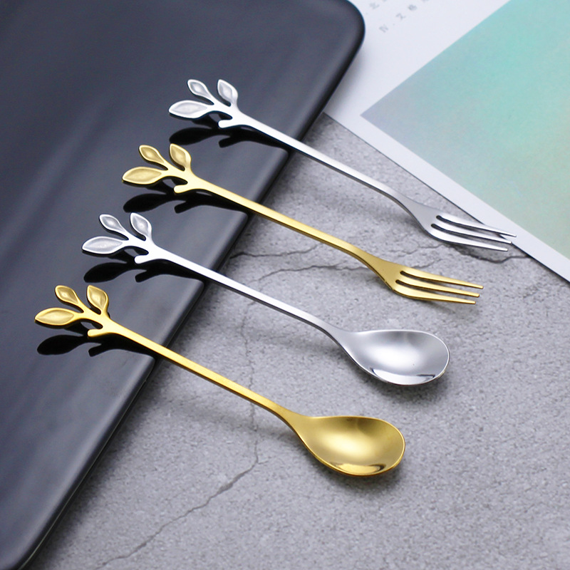 Factory wholesale creative leaf fruit forks, stainless steel titanium-coated fruit skewers, mooncake forks, cake dessert forks, gold full figure