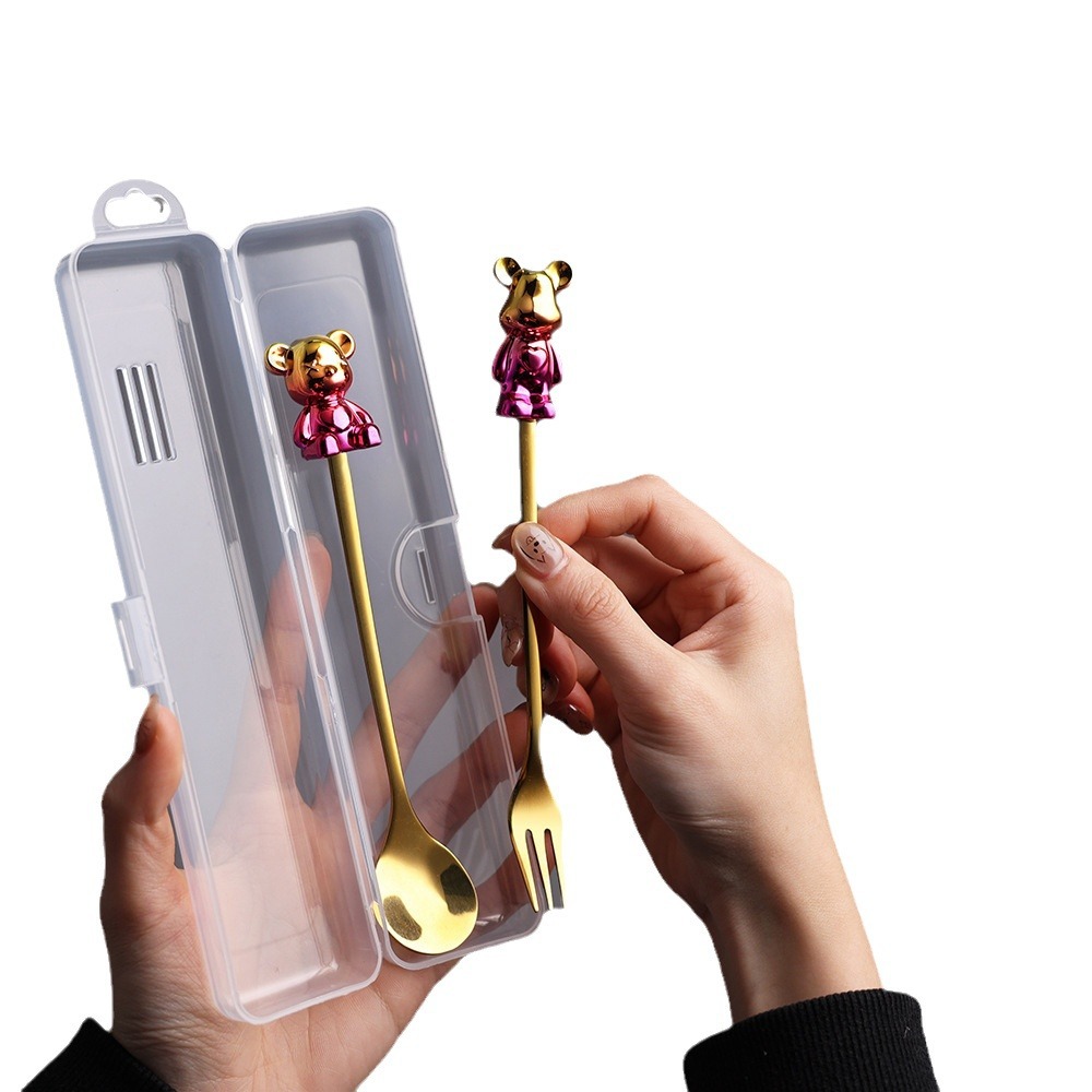 Two-piece set of bear spoon and fork, cartoon bear fruit fork, colorful space rabbit, small spoon, fluid bear tableware set Item Picture