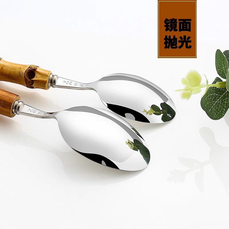 Handcrafted bamboo handle Western tableware set, ins style 304 stainless steel dessert spoons and forks, household tableware knives, forks and spoons Application Scenario