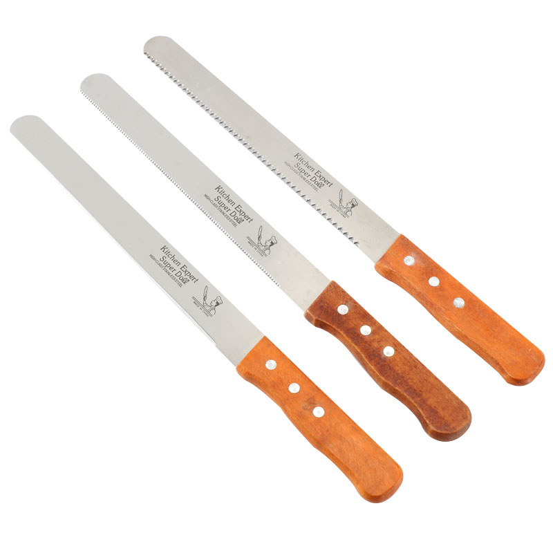 Wholesale of stainless steel bread knives, wooden-handled cake knives, 8-inch, 10-inch, 12-inch and 14-inch serrated knives and baking tools in stock Item Picture