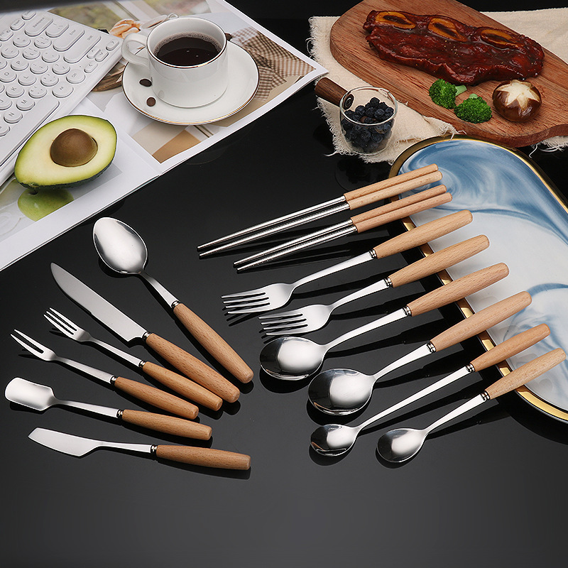 Creative Western-style beech wood handle stainless steel tableware, household spoons, hotel dessert spoons, forks, chopsticks and knives, solid wood handle tableware details Picture