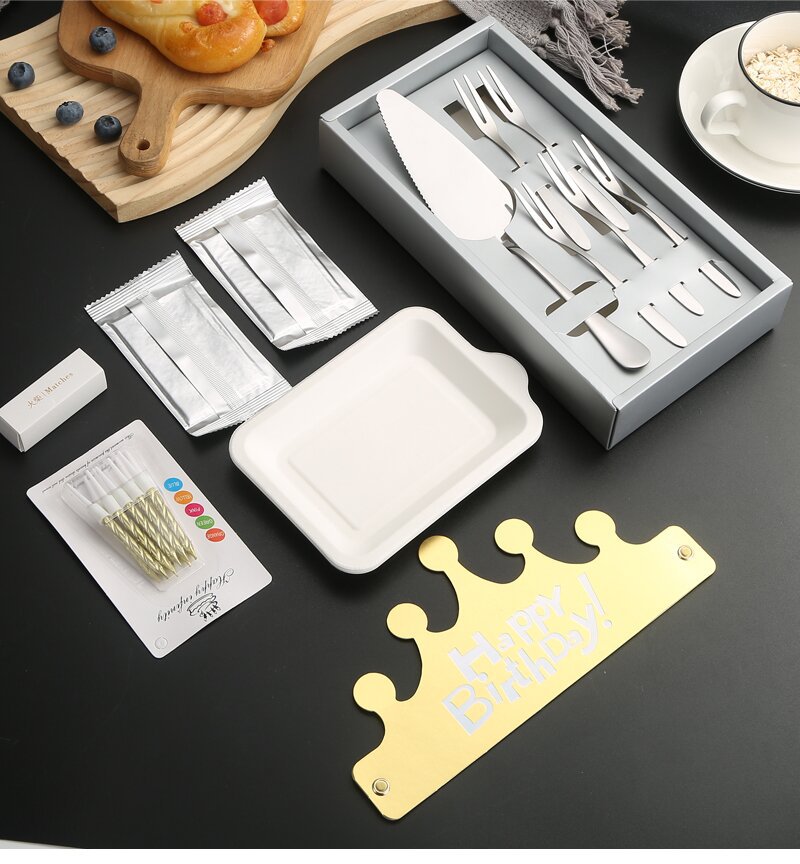 Stainless steel cake knife and fork, birthday dinner plate, candle hat, high-end boxed birthday cake tableware set details Picture