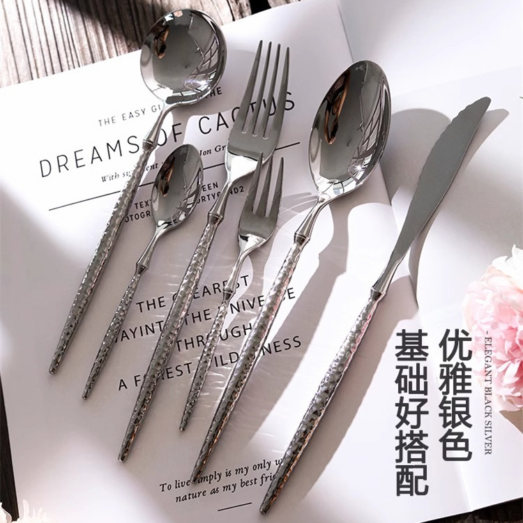 Long-handled solid Western-style steak knife and fork tableware, 304 stainless steel, French steak knife, fork and spoon, restaurant household set full figure