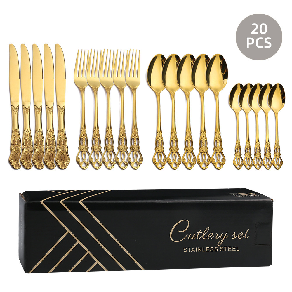 Cross-border Amazon knife, fork and spoon 24-piece set of stainless steel tableware, golden spoon tableware, six-person restaurant knife and fork full figure