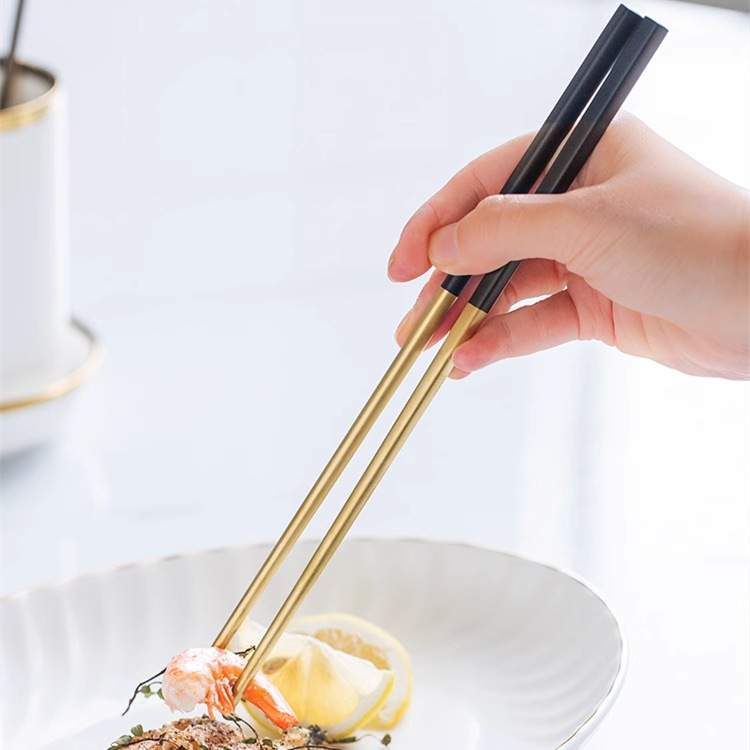 304 stainless steel metal chopsticks, light luxury home, ins style couple chopsticks, a pair for restaurants, black and gold for hotels details Picture