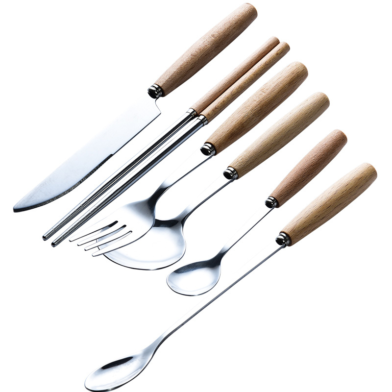 Japanese-style household beech wooden-handled stainless steel knives, forks, spoons and tableware, Western-style steak knives, forks, coffee and dessert spoons and chopsticks Item Picture