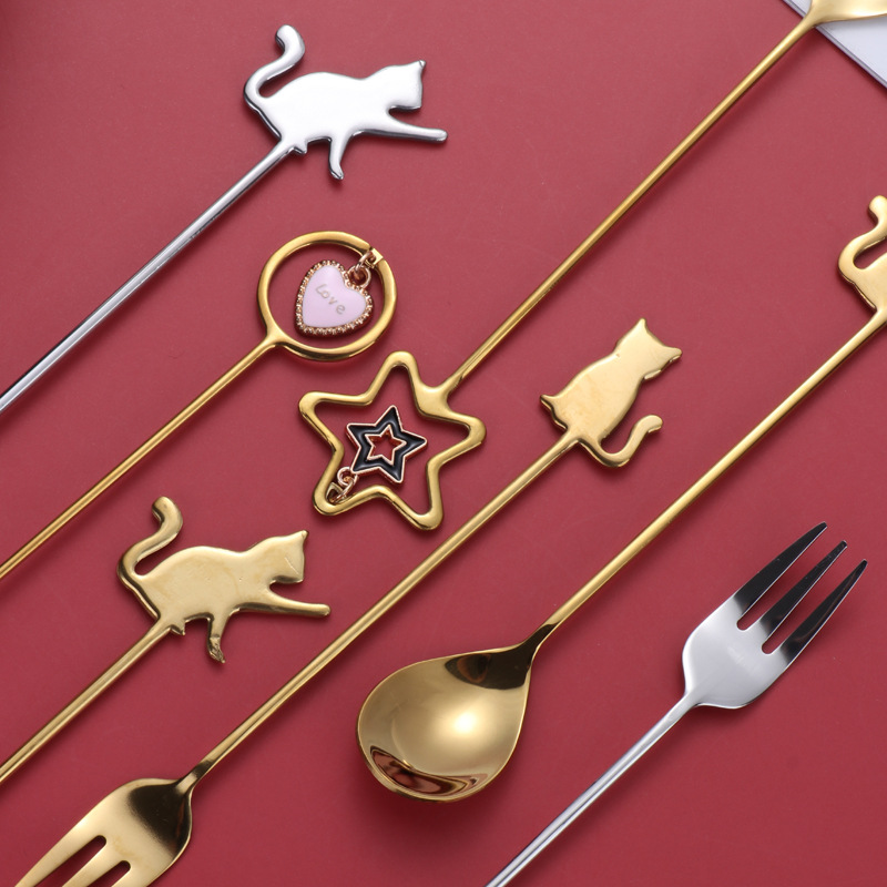 Creative Japanese-style 304 stainless steel coffee spoon, cute cat cake dessert fruit fork, ins style mixing spoon full figure