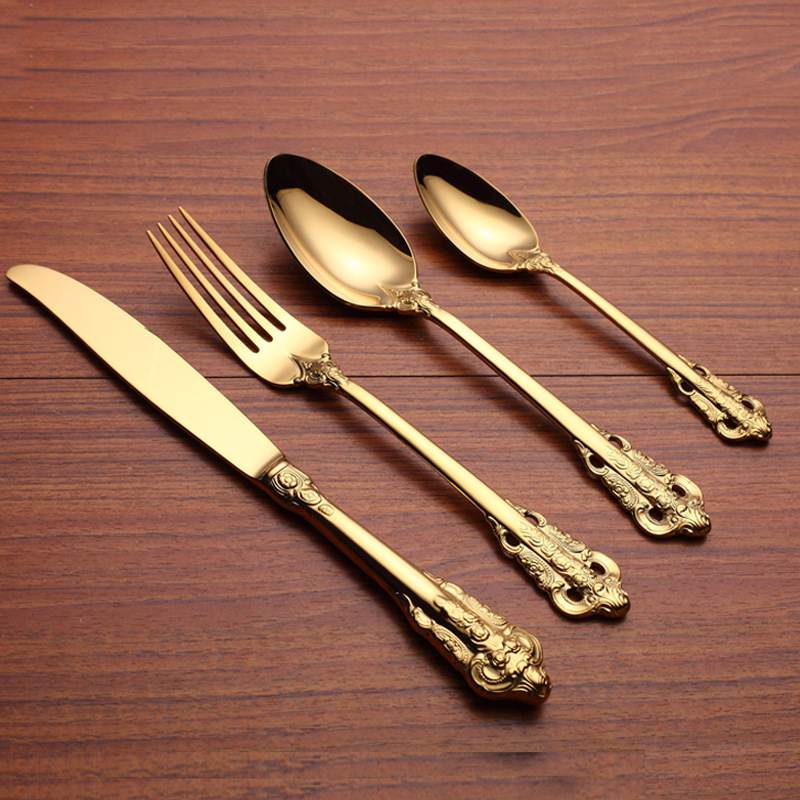 European-style retro embossed gilded 304 stainless steel knives, forks, spoons, court Western tableware, steak knives and forks, hotel supplies details Picture