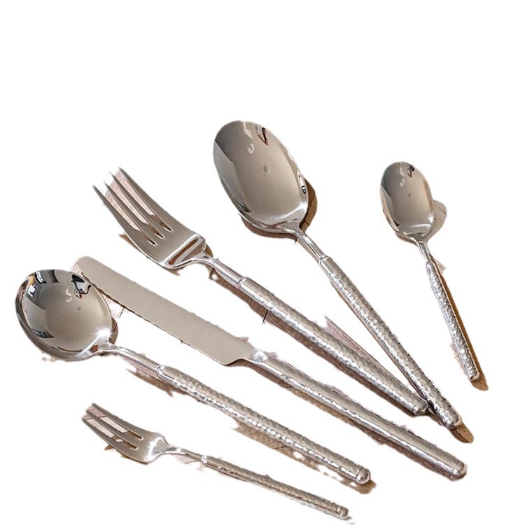 304 stainless steel Western tableware, hotel steak knife and fork, round diamond hammer pattern solid handle knife, fork and spoon 4-piece set, restaurant Item Picture