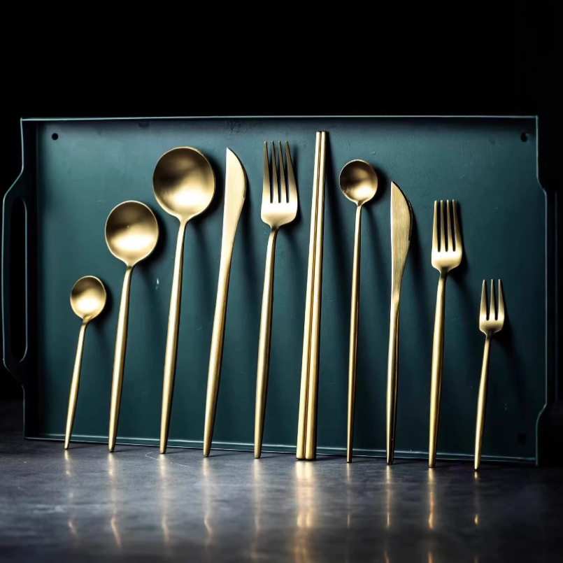 304 tableware, brushed gold, matte steak, knife, fork, spoon, chopsticks, Western-style set, dessert, soup spoon details Picture