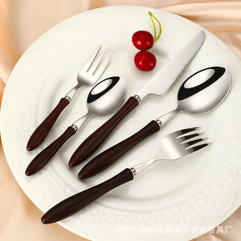 304 stainless steel Western tableware, knives, forks, spoons, dessert forks, spoons, solid wood handles, forks, small spoons, steak knives, restaurant full figure