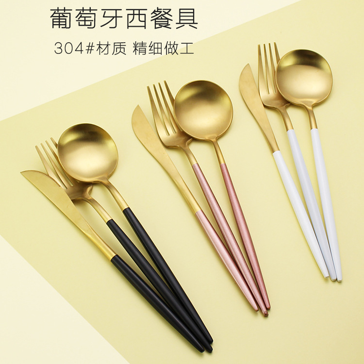 Factory direct sales of popular Portuguese 304 stainless steel knife, fork and spoon sets, Western tableware, steak knife and fork four-piece set full figure