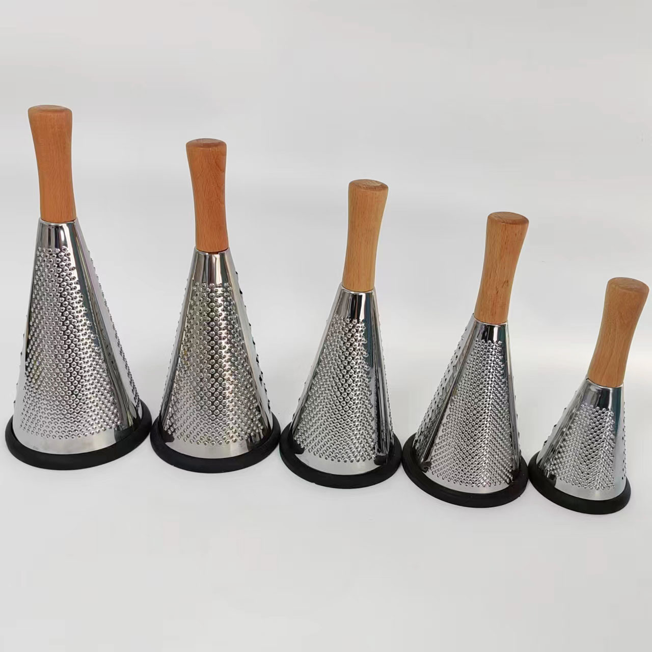 Multi-functional vegetable cutter, wooden handle grater, vertical stainless steel conical grater, three-sided grater, potato grater, cheese grater Item Picture