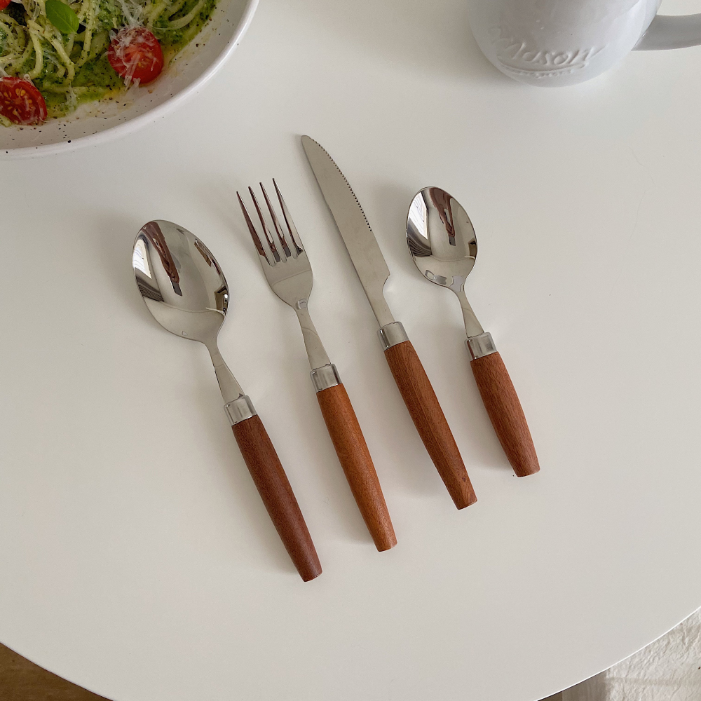 ins style cute round wooden handle knife, fork and spoon set, Western tableware, steak knife, fork and spoon, dessert small spoon, 304 stainless steel full figure