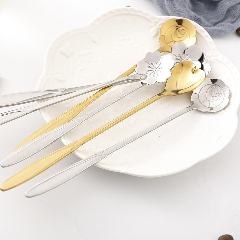 Creative cherry blossom long-handled titanium gold stainless steel spoon, Japanese tableware stirring rod, spoon, coffee spoon, stirring spoon Application Scenario