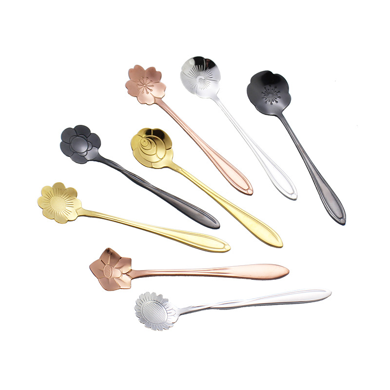 Wholesale Japanese creative cherry blossom stainless steel coffee spoons, flower-shaped mixing spoons, titanium gold spoons, ice cream spoons as gifts Item Picture
