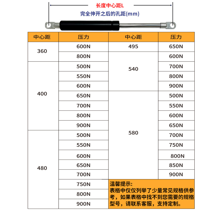 Bed gas spring hydraulic support rods, tatami high box bed air pressure rods, double bed hydraulic support rods, pneumatic rods Specification drawing