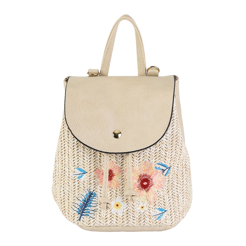 1欧美风范草编包时尚编刺绣织迷你双肩包女背包