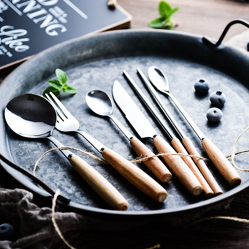 Japanese-style household beech wooden-handled stainless steel knives, forks, spoons and tableware, Western-style steak knives, forks, coffee and dessert spoons and chopsticks details Picture