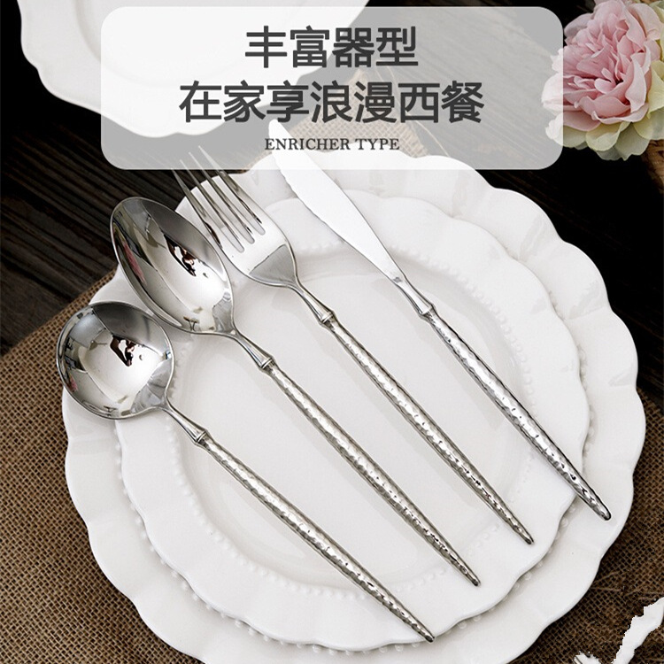 Long-handled solid Western-style steak knife and fork tableware, 304 stainless steel, French steak knife, fork and spoon, restaurant household set details Picture