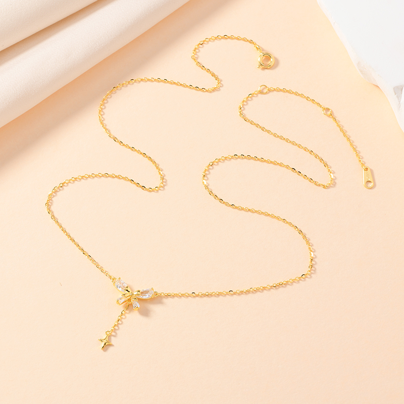 影响力饰品s925纯银金色水钻蝴蝶结流星项链女锁骨文艺