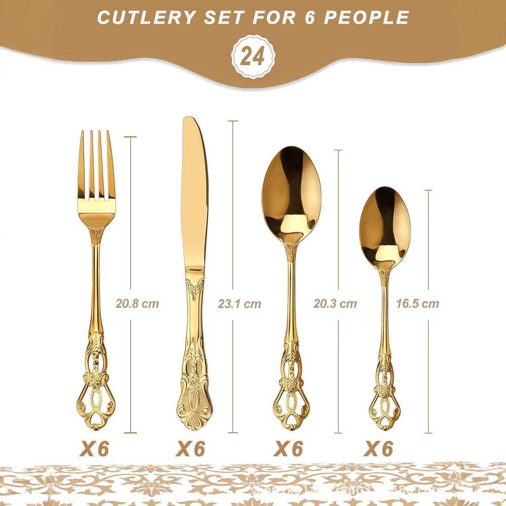 Cross-border bestseller Retro relief imperial Court stainless steel tableware set, Western restaurant, hotel, steak, knife, fork, dessert, spoon full figure
