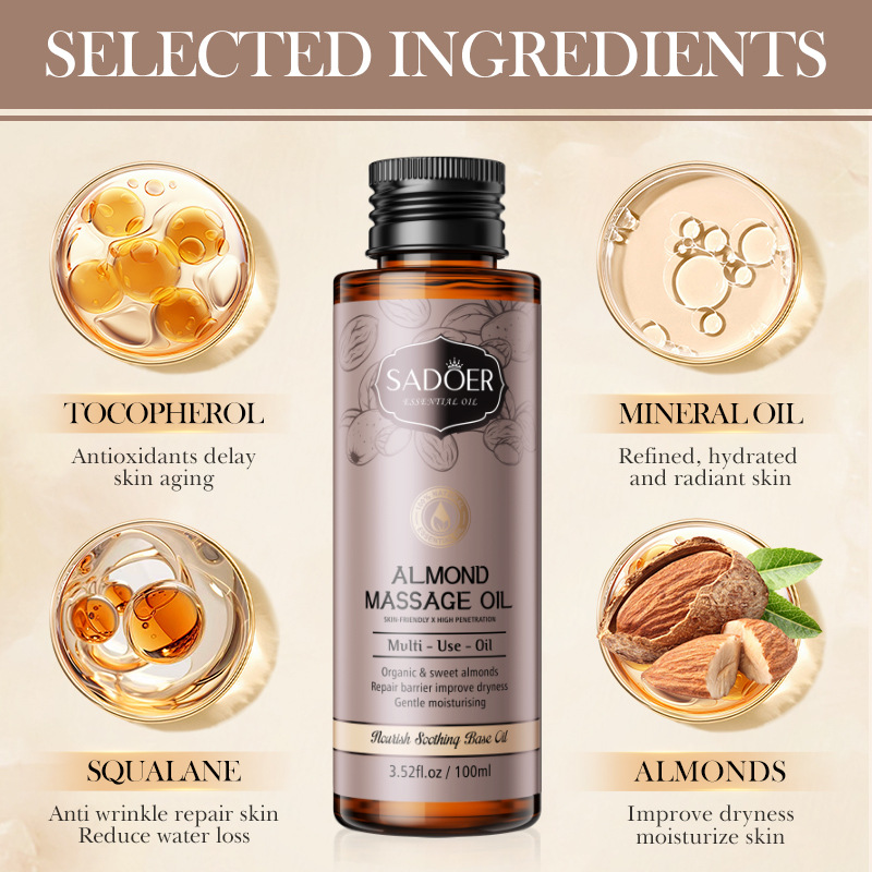 SADOER sweet Almond Oil Base Massage Oil Moisturizing Skin and body essential oil cross-border export wholesale details Picture