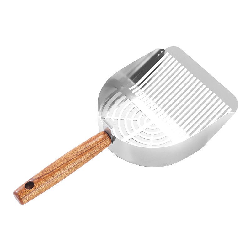 Wooden handle stainless steel cat litter scraper, tofu litter puffed-out poop scraper, metal large-sized fine-hole poop cleaning tool, toilet cleaner in stock Item Picture